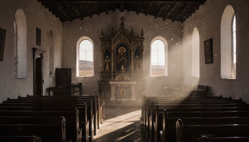 Interior de iglesia colonial mexicana con puertas abiertas, bancos de madera y luz solar penetrando por ventanales altos