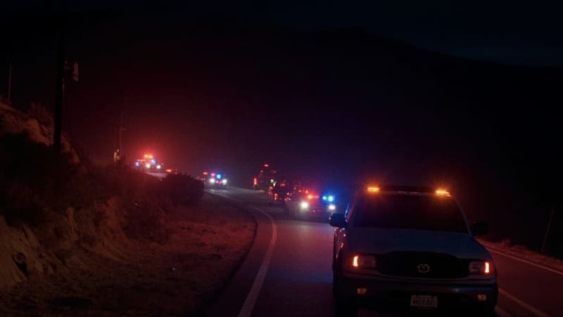 Escena nocturna de un operativo policial en una zona montañosa con luces de emergencia iluminando el entorno