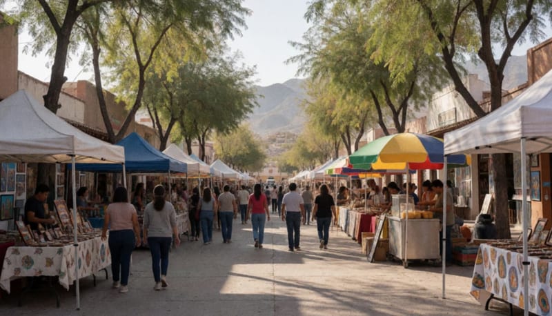 Callejón peatonal con puestos de artesanías, comida y exposiciones bajo toldos en una plaza de pueblo