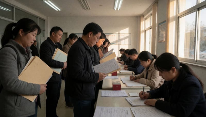 Ciudadanos formados en fila dentro de una oficina municipal presentando documentación para registro