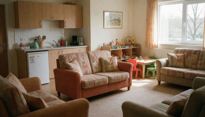 Sala de descanso para familias dentro de un hospital, con sillones y rincón de juegos