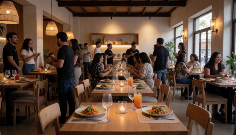 Comensales y anfitriones en el interior del restaurante Benedetto durante la ceremonia de inauguración en Cuauhtémoc