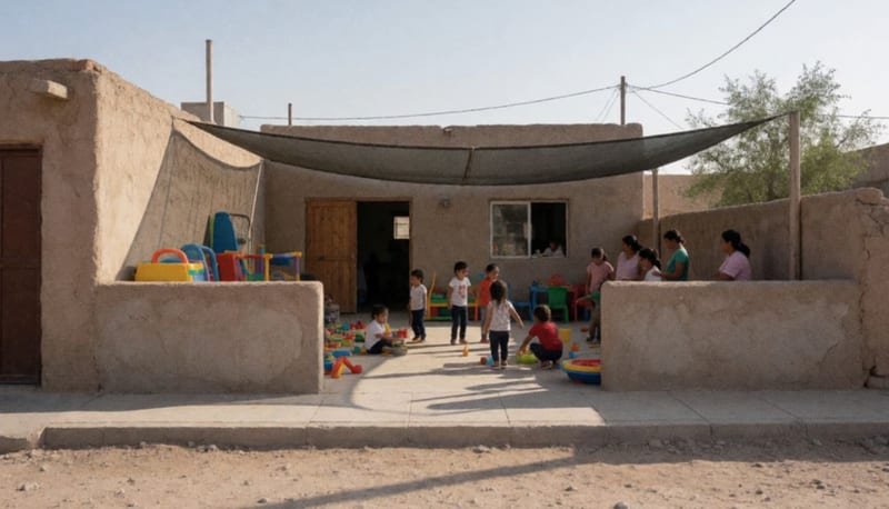 Niños jugando en el patio sombreado de una estancia infantil con educadores supervisando las actividades