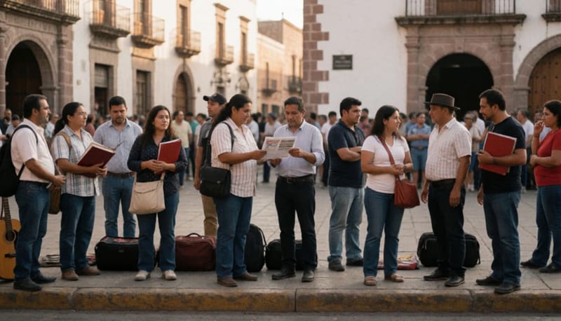 Artistas chihuahuenses con instrumentos y portfolios reunidos en una plaza del centro histórico