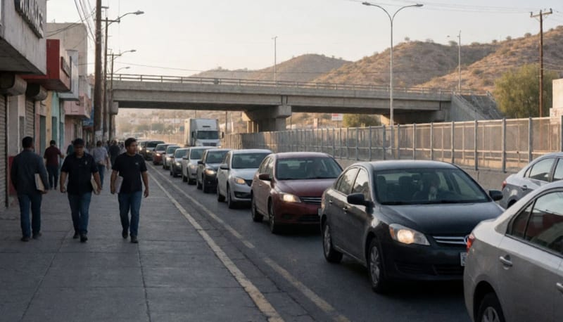 Fila de autos avanzando por un carril hacia un puente fronterizo al amanecer, con peatones en la banqueta y cerros áridos al fondo