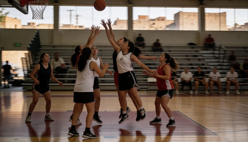 Jugadoras de basquetbol en acción durante un partido de torneo regional en cancha cubierta