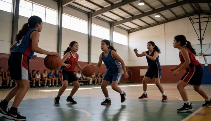 Basquetbolistas femeninas en acción durante un partido competitivo en cancha cubierta