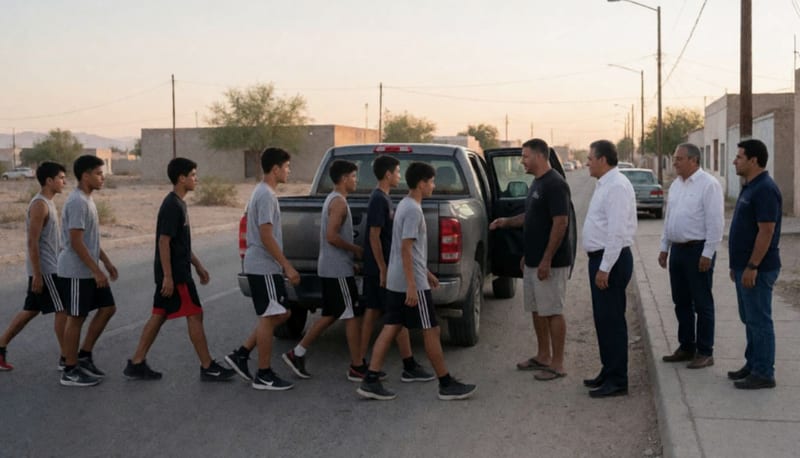 Atletas de basquetbol de Ojinaga despidiéndose antes de viajar a torneo nacional en Morelos