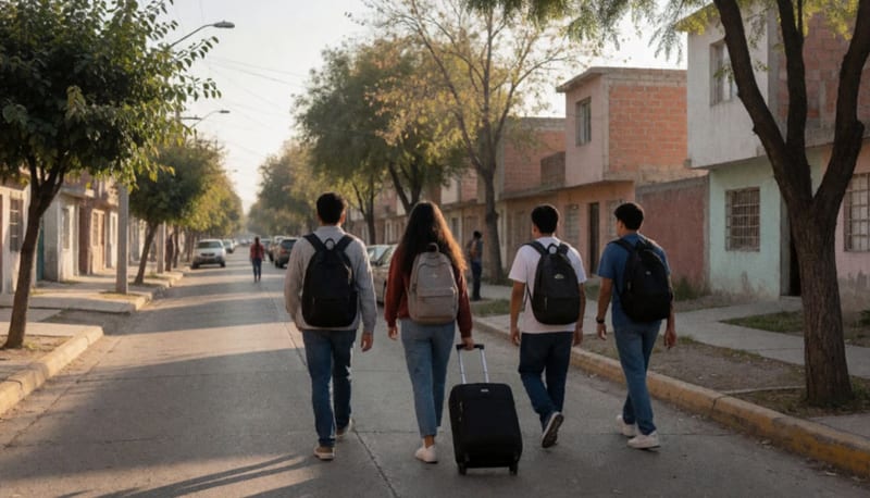 Jóvenes con mochilas y una maleta caminan de espaldas por una calle residencial con árboles al atardecer