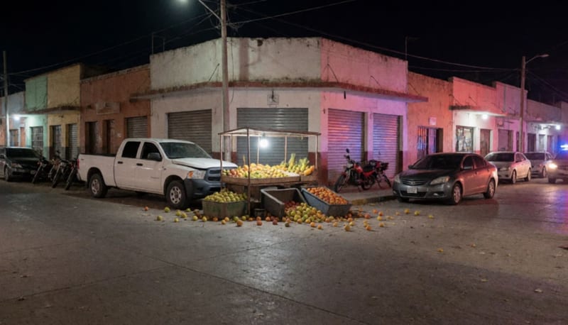 Camioneta blanca dañada contra un puesto de frutas en una esquina del Centro de Camargo, con produce disperso en la avenida