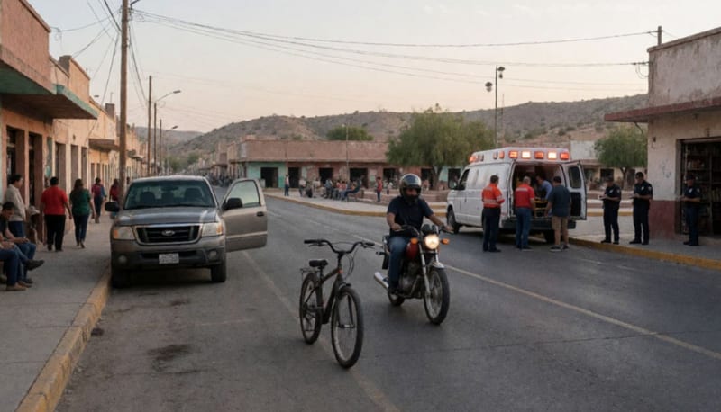 Calle de Camargo con una camioneta con puerta abierta, bicicleta y motocicleta en el pavimento, paramédicos atendiendo la escena