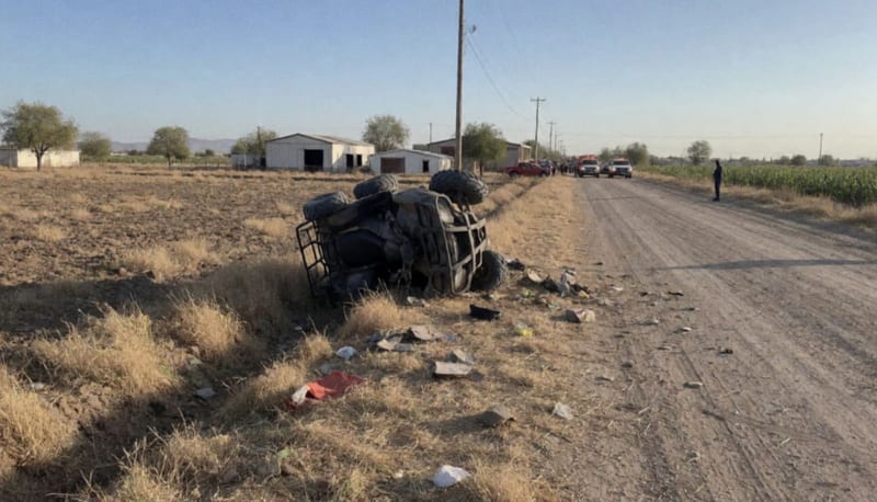 Cuatrimoto volcada en el terreno del Campo Menonita tras salir del camino durante un accidente vial