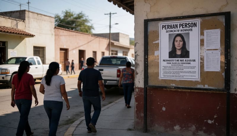 Cartel de búsqueda de persona desaparecida en un tablero público de Delicias, con peatones circulando en la calle