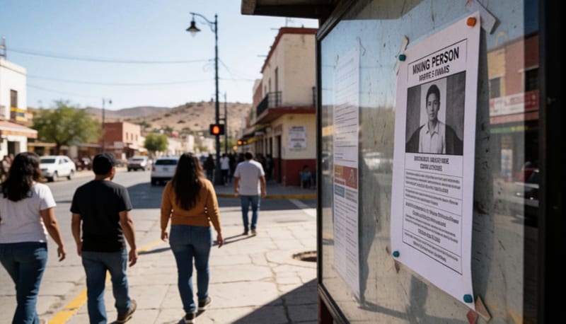 Cartel de persona desaparecida en un tablero comunitario en la ciudad de Delicias