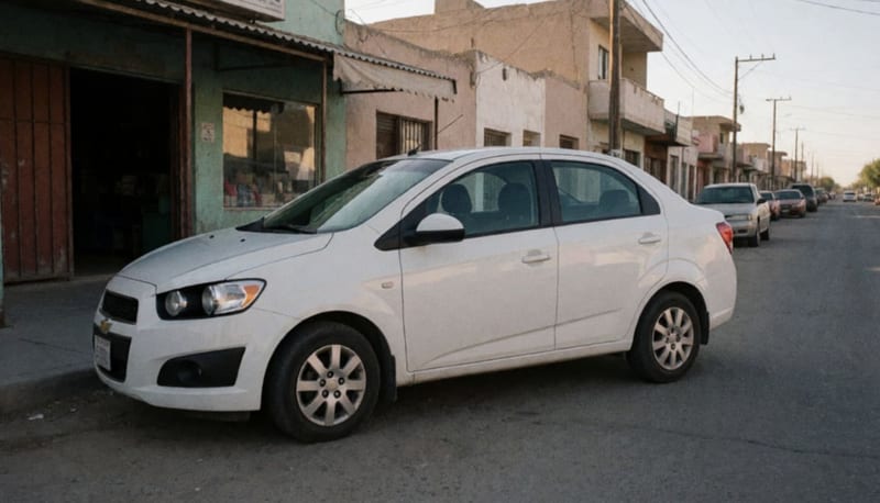 Automóvil blanco estacionado en una calle residencial de un poblado del norte de México