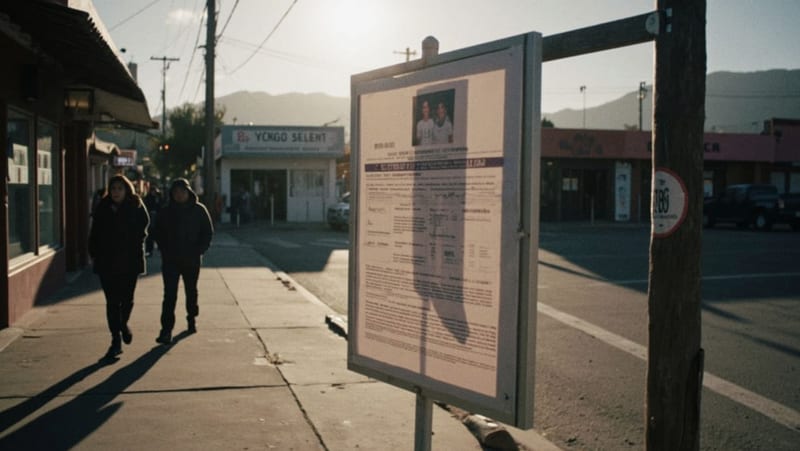 Calle de un pueblo del estado de Chihuahua con personas caminando y edificios residenciales al fondo
