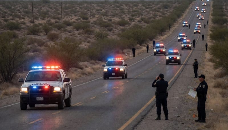 Patrullas estacionadas sobre una carretera del desierto con luces de emergencia activadas durante operativo de búsqueda