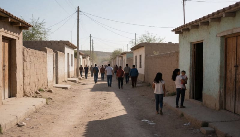 Calle residencial de una pequeña localidad desértica con casas humildes bajo el sol de la tarde