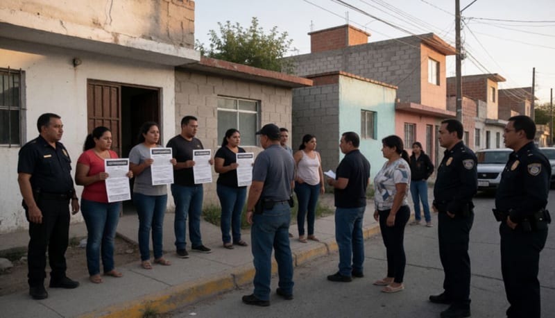 Oficiales y vecinos en una colonia residencial de Chihuahua durante un operativo de búsqueda