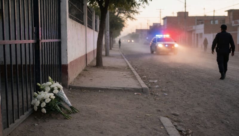 Pequeño arreglo de flores blancas junto a un portón metálico en una calle de tierra, con una patrulla lejana al amanecer