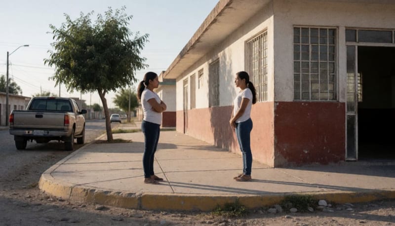 Dos jóvenes en actitud confrontacional sobre la banqueta de una escuela primaria en un pueblo del norte
