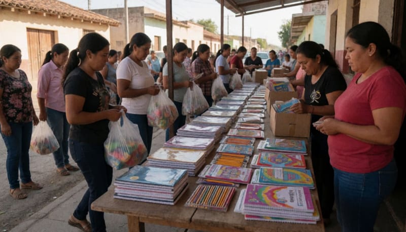 Mesas de acopio con útiles escolares dispuestos para donación en un punto de recolecta comunitario