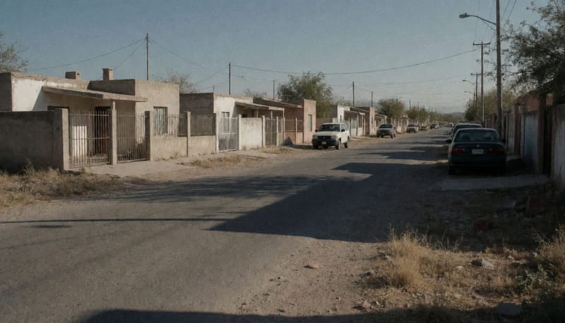 Calle residencial tranquila de un pequeño municipio del norte de México con casas de una planta