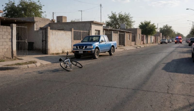 Bicicleta tendida en el pavimento junto a una camioneta azul en una calle residencial