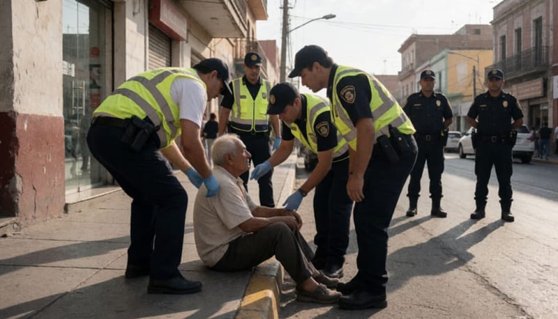Paramédicos atendiendo a un adulto mayor en una acera del centro de la ciudad