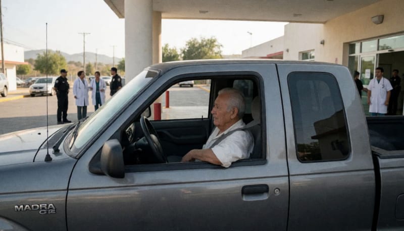 Camioneta estacionada en la rampa de urgencias de un hospital con personal de seguridad en el área