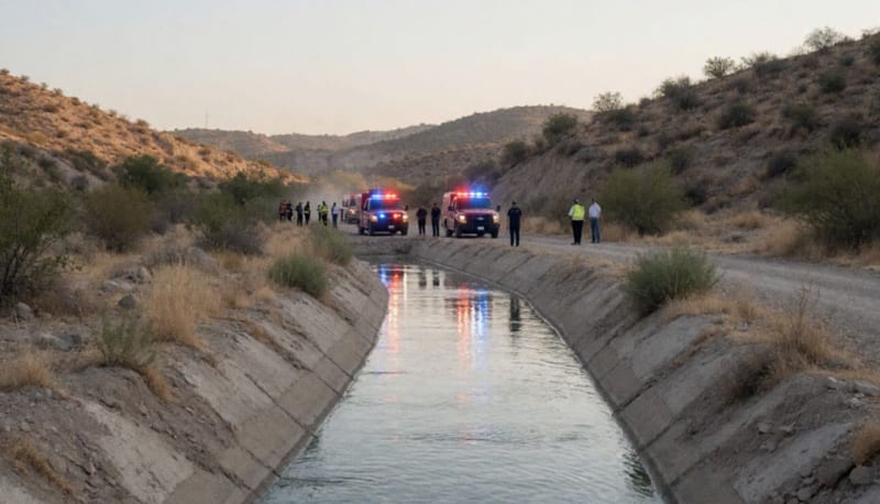 Canal de riego con luces de emergencia en el fondo en una zona rural del desierto chihuahuense