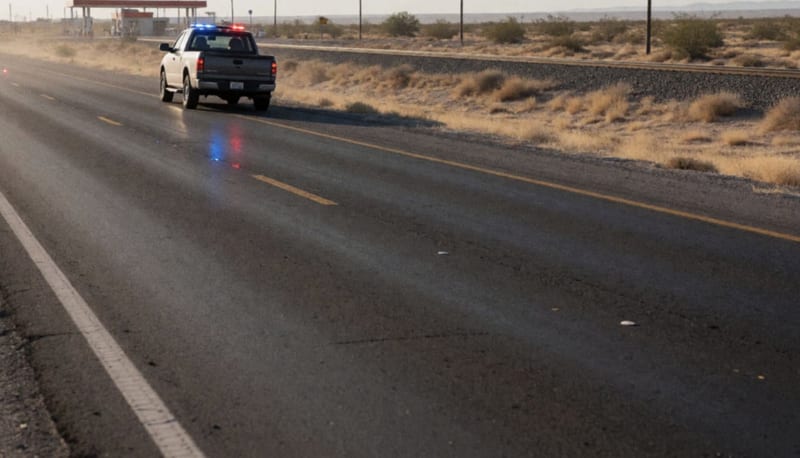 Camioneta fuera del camino en la carretera del desierto chihuahuense con luces de emergencia al atardecer