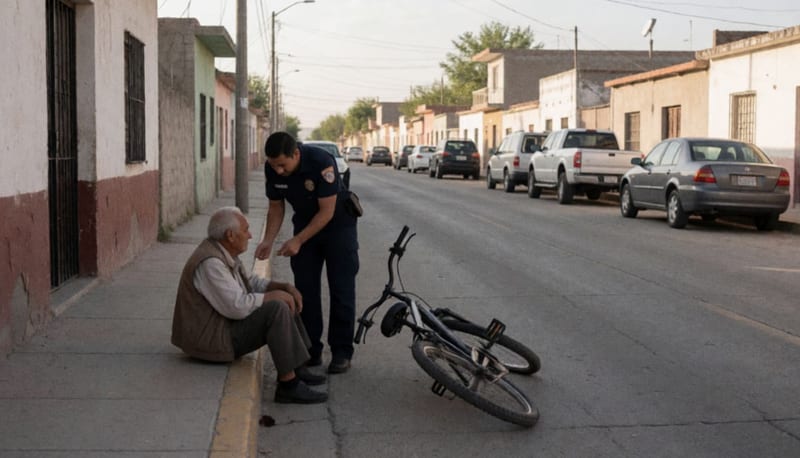 Adulto mayor atendido en la banqueta tras caer de su bicicleta en una calle residencial