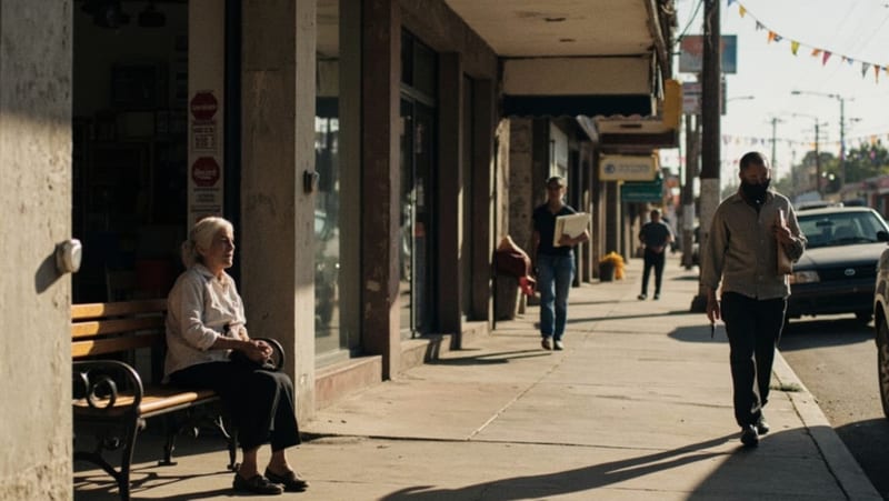 Mujer de edad avanzada esperando en la banqueta de una calle comercial de un pueblo del norte de México