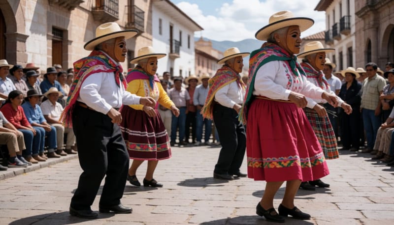 Adultos mayores danzando con atuendos tradicionales en la plaza central al mediodía