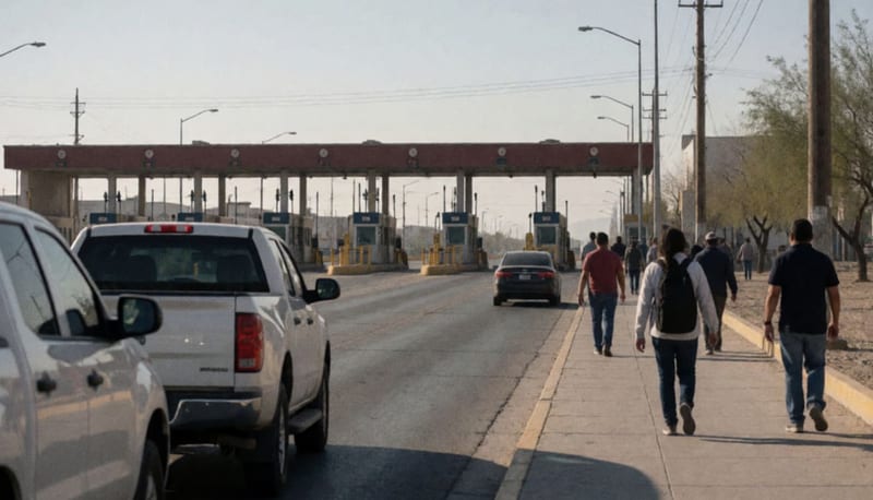 Puente internacional fronterizo con flujo reducido de peatones y vehículos bajo la luz del día