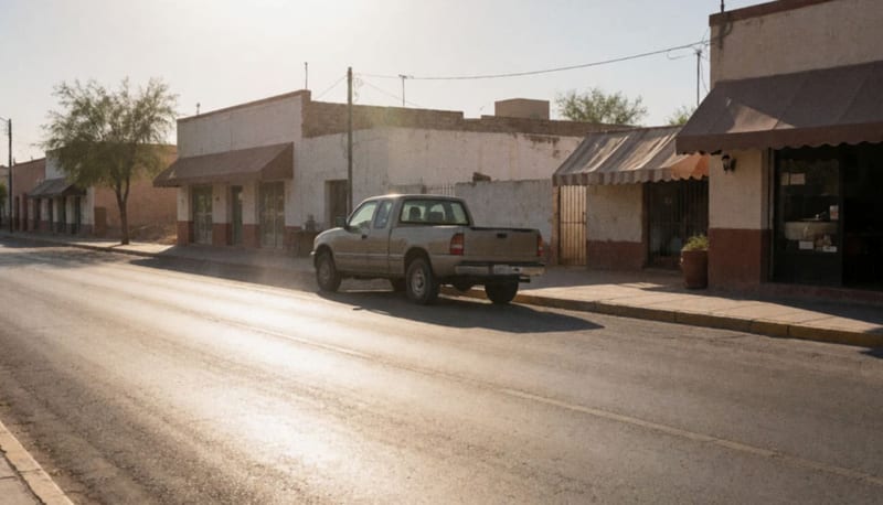 Vehículo estacionado bajo intenso sol en una calle árida de un municipio norteño durante el mediodía