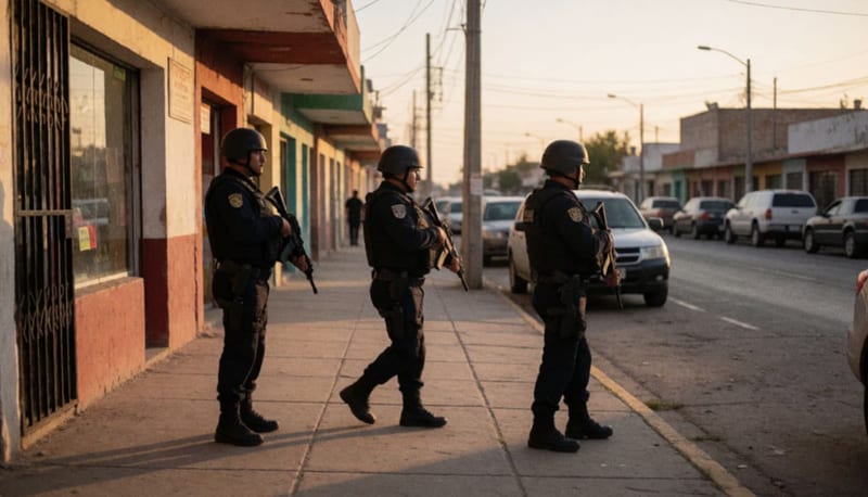 Patrulla de seguridad realizando labores de vigilancia en las calles de una localidad norteña al atardecer