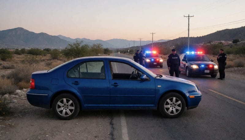 Vehículo asegurado en una carretera rural de la región Zona Sur con luces de emergencia parpadeando al atardecer