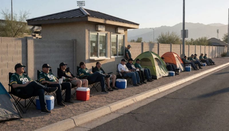Aficionados descansando en sillas y tiendas de campaña durante la madrugada mientras esperan en fila por boletos