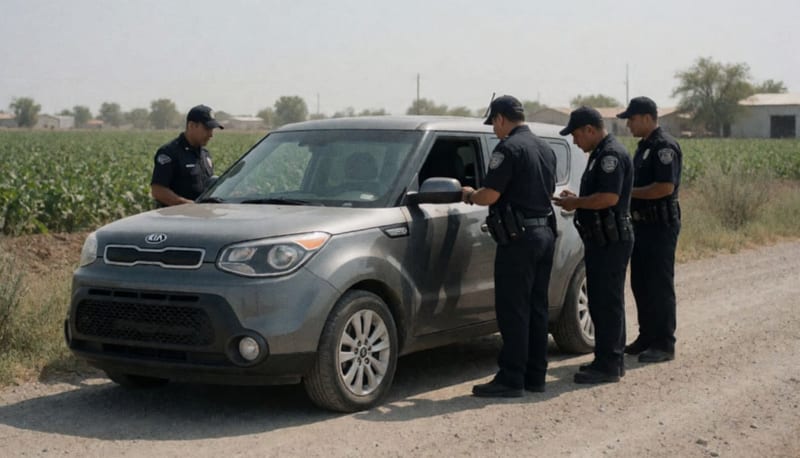Elementos de seguridad inspeccionando un automóvil gris en una zona rural de Cuauhtémoc