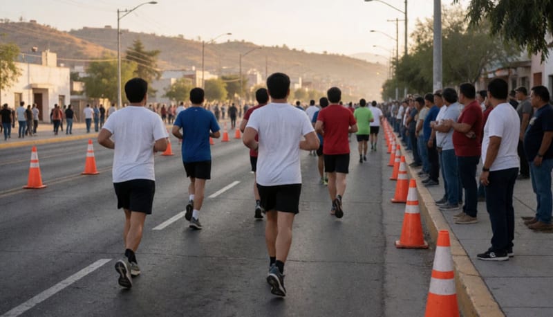 Corredores vistos de espaldas avanzan por una avenida amplia al amanecer, con espectadores en la banqueta y cerros secos al fondo