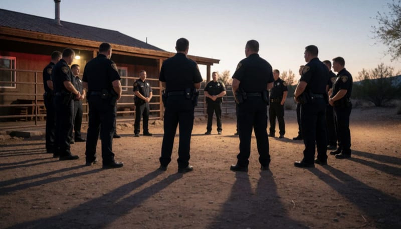 Policías municipales en un patio de tierra al atardecer cerca de una finca rural