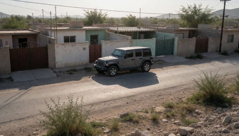 Jeep Wrangler gris estacionado en una calle residencial del desierto de Chihuahua