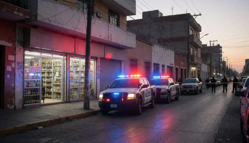 Oficiales resguardando la entrada de un establecimiento mientras luces de emergencia iluminan la zona