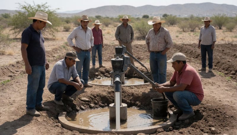Agricultores y trabajadores junto a pozos de bombeo en terreno árido del noroeste chihuahuense