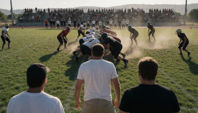 Jugadores de futbol americano chocando en la línea de golpeo sobre un campo de pasto bajo el sol de la tarde