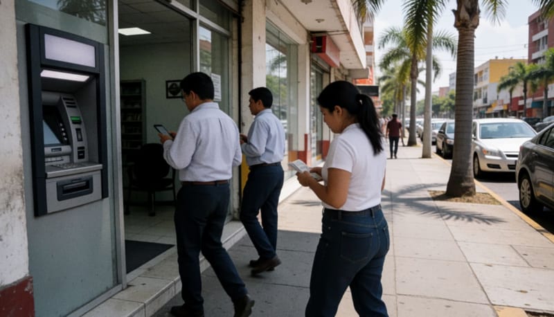 Trabajadores caminan por una banqueta soleada hacia un cajero automático, uno de ellos contando billetes, en una ciudad del norte de México