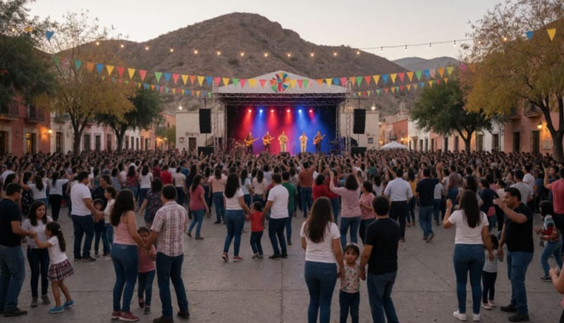 Multitud celebrando en la plaza principal mientras una banda toca música duranguense bajo la iluminación del atardecer