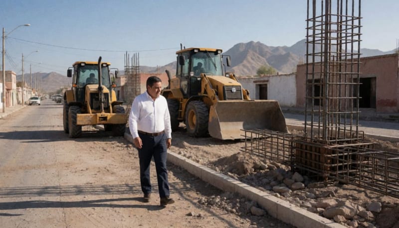 Supervisor municipal observando trabajos de construcción en un sitio con maquinaria pesada y terreno árido